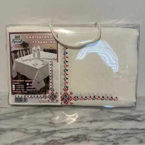 Hand made in Ukraine  linen Red & black cross stitch Tablecloth 8 napkins setNEW